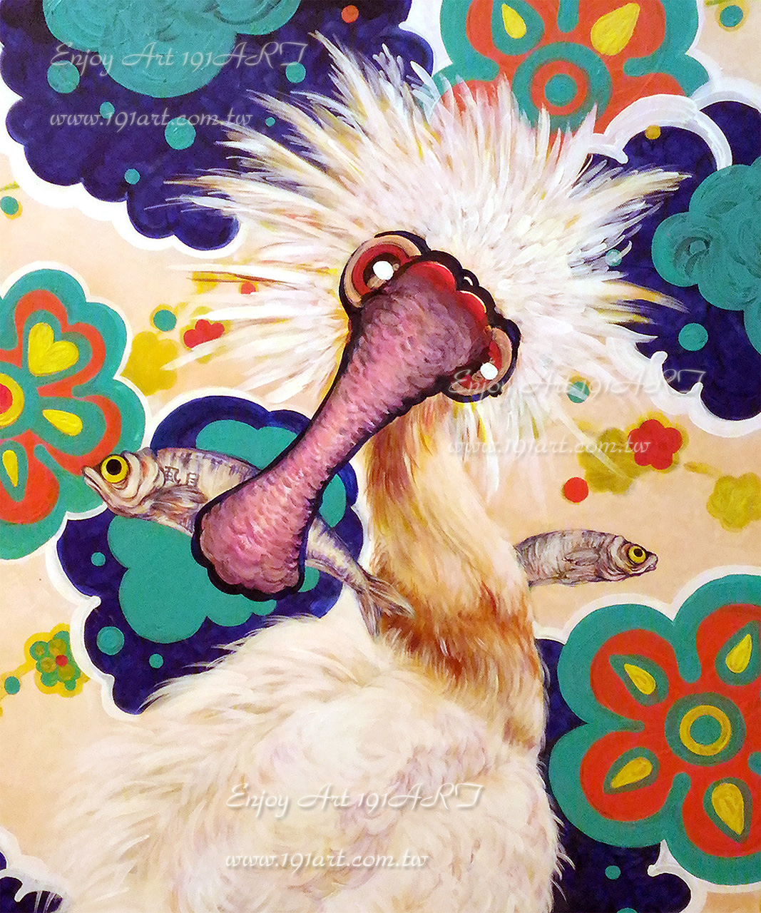 台湾黑面琵鹭与最爱的虱目鱼 _珠光和压克力颜料  60 x 50 x   cm 杜